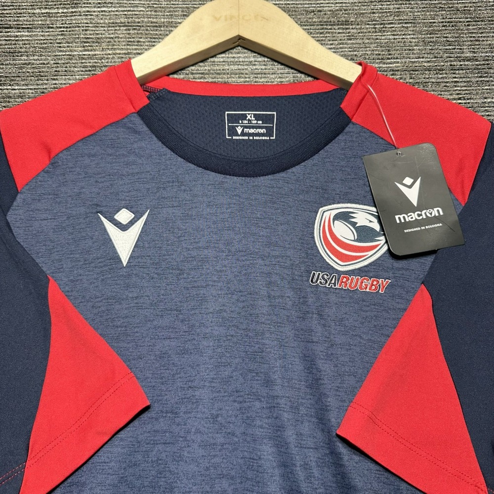 Macron Rugby Jersey Men XL Blue Heathered Short Sleeve USA Rugby Fazio 6 Quest